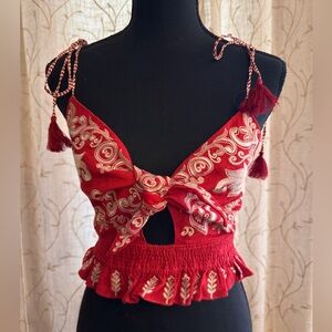 Alice + Olivia Red Embroidered Tie-Top